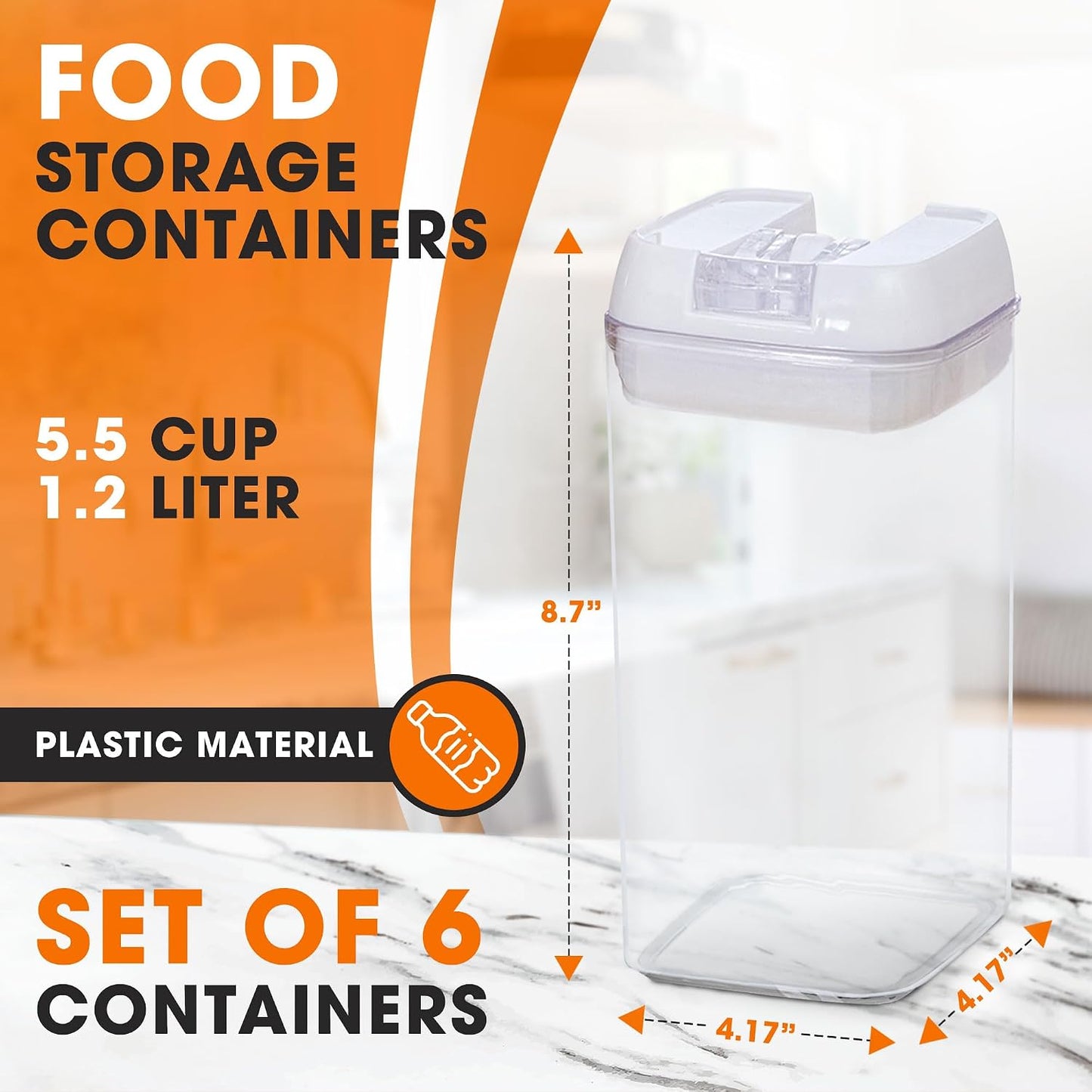 Set of 6 Airtight Food Storage Containers - Pantry Organizer Bins, BPA Free Plastic Containers plus Dry Erase Marker and Labels, Pink