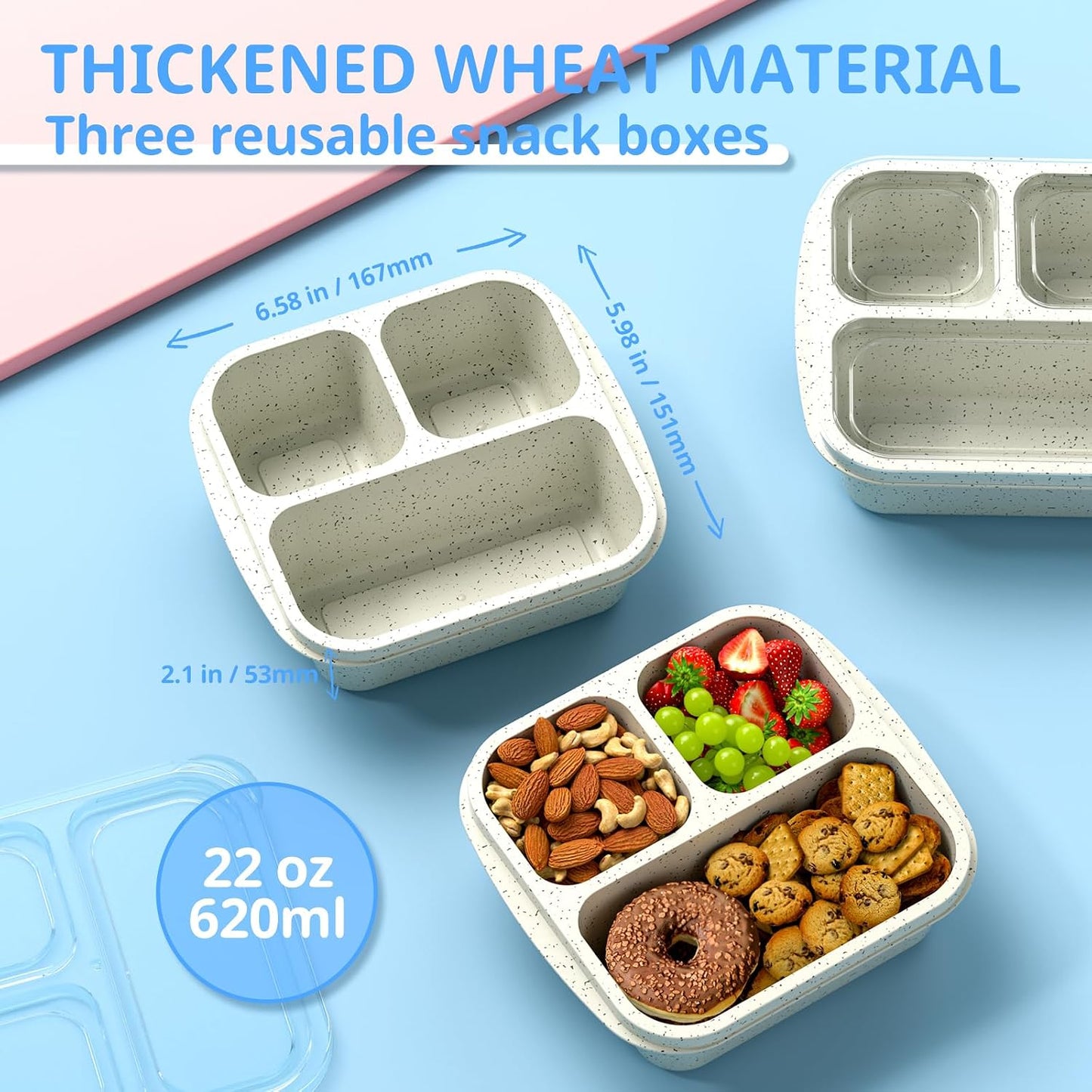 Snack Boxes (3 Pack) - Stackable Bento Boxes with 3 Compartments, Meal Prep Containers Reusable, Lightweight Lunch Containers for Kids and Adults, BPA Free (Blue)