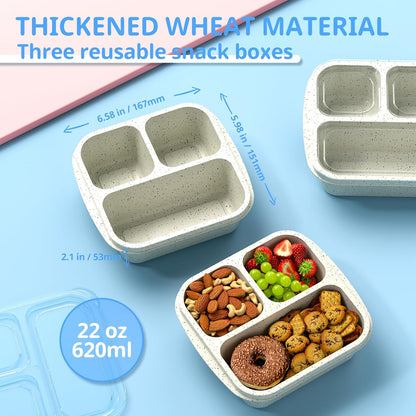 Snack Boxes (3 Pack) - Stackable Bento Boxes with 3 Compartments, Meal Prep Containers Reusable, Lightweight Lunch Containers for Kids and Adults, BPA Free (Blue)