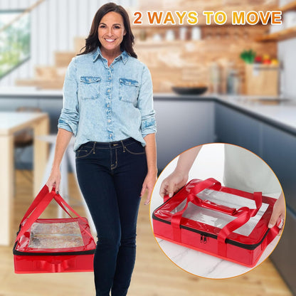 2 Pack Foil Pan Carrier with Clear Lid, PU Leather Aluminum Pan Holders with Long Handle,Serving Tray for Food,Insulated Casserole Carrier for Travel,Picnic,Parties,Fits 9"x13" Baking Dish (2, Black)
