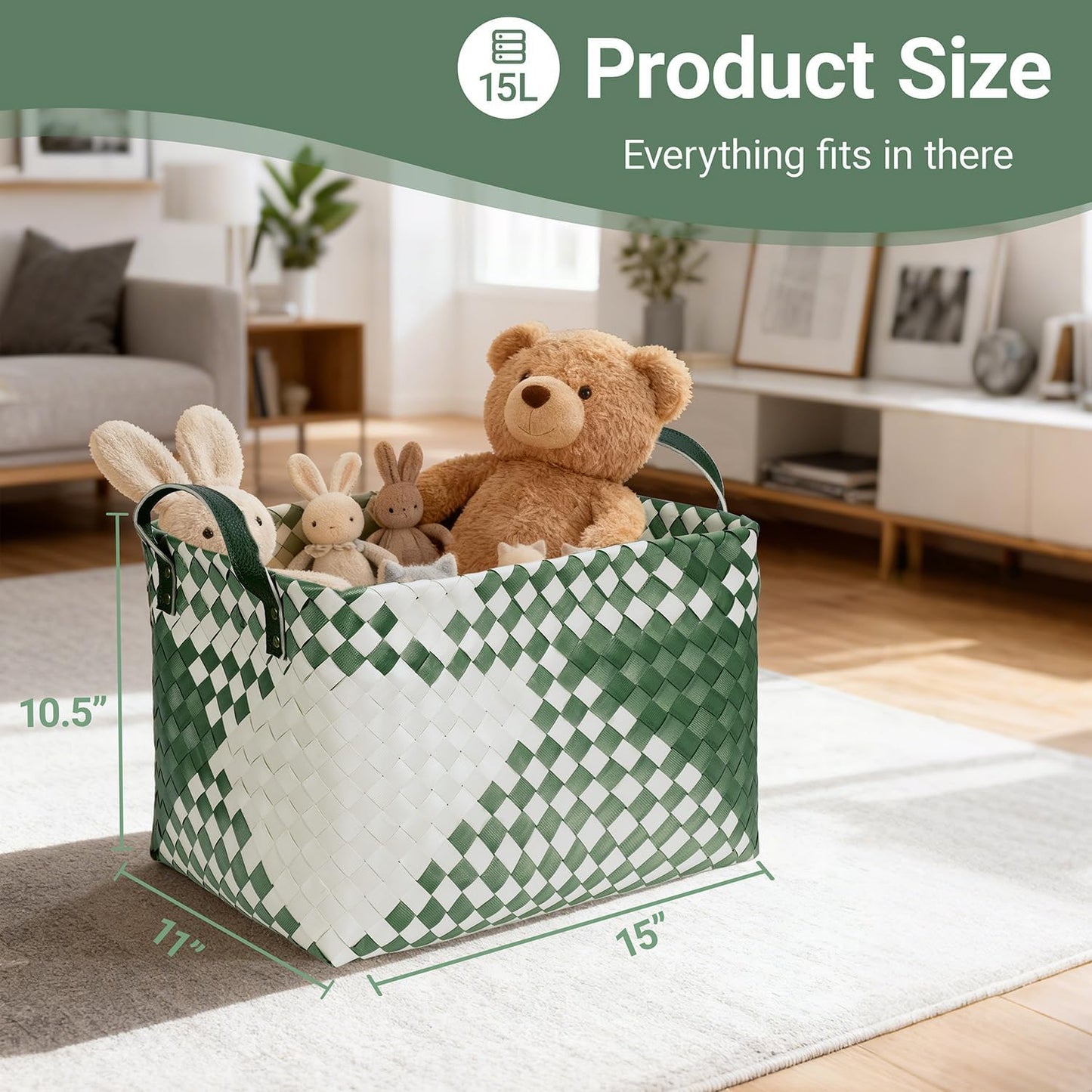 15L Laundry Baskets Waterproof Storage Baskets For Shelves Large Laundry Hamper With Leather Handle -set of 4 Cube Organizers Woven Bins for Bathroom,Bedroom,Pantry,Clothes,Car & Towels-Brown