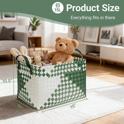 15L Laundry Baskets Waterproof Storage Baskets For Shelves Large Laundry Hamper With Leather Handle -set of 4 Cube Organizers Woven Bins for Bathroom,Bedroom,Pantry,Clothes,Car & Towels-Brown