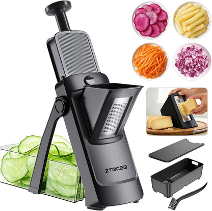 [7 in 1 ] Vegetable Slicer for Kitchen, Safe Mandoline Slicer, Adjustable Veggie Potato French Fry Cutter, Wider Tray & Stainless Steel Grater & Filter Basket & Lid & Cleaning Brush (Gray Pro)