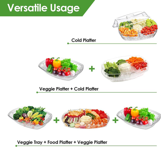 Fruit & Veggie Ice Serving Tray with Lid – 4 Compartments, Buffet Server for Shrimp Cocktail, Appetizers & Cold Foods – Includes 3 Tongs & 10 Sporks
