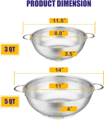 E-far Stainless Steel Colander Set of 3 (1-3-5Quart), Micro-Perforated Metal Colander Strainer with Handle for Kitchen/Draining Pasta/Rinsing Vegetables Fruits, Heavy Duty & Dishwasher Safe