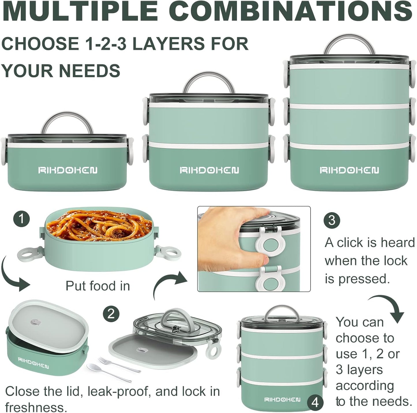 RIKDOKEN Lunch Box, Stackable 3 Layers Containers, Portable 94OZ Large Capacity Leakproof Bento Box with Spoon & Fork & Sauce Boxes, Microwave Safe Lunch Box for Kids and Adults