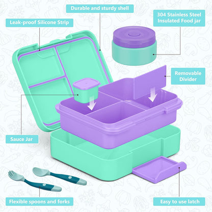 Bento Box Set with 9.5oz Soup Thermo Kids Leak-proof Lunch Box Container with 4 Compartment Stainless Steel Insulated Hot Food Jar with Bag for School Travel - Pink