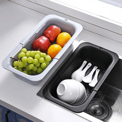 Extendable Over the Sink Colander Strainer Basket, Plastic Retractable Kitchen Sink Basket - Wash Vegetables, Fruits, Drain Pasta and Dry Dishes L (black XL)