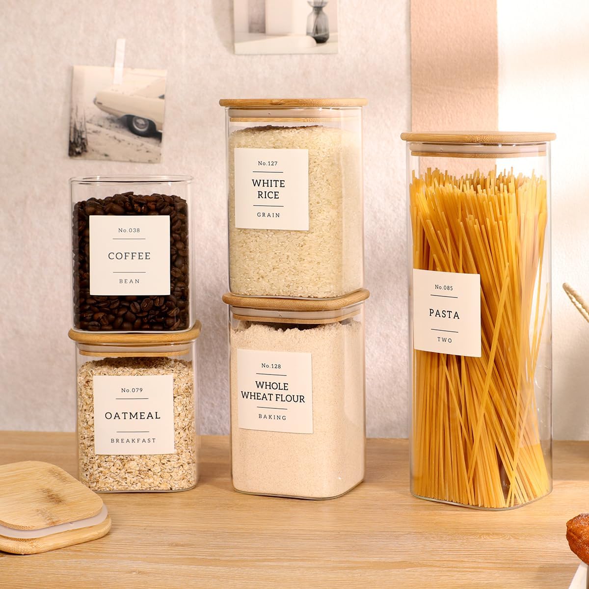 2 Pack large Square Glass Flour and Sugar Containers with 132 Kitchen Pantry Labels - 149 floz & 71 floz - Glass Jars with Airtight Bamboo Lid - Glass Rice Canisters for Coffee, Pasta, Cookie, Cereal