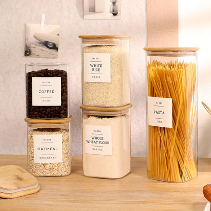 2 Pack large Square Glass Flour and Sugar Containers with 132 Kitchen Pantry Labels - 149 floz & 71 floz - Glass Jars with Airtight Bamboo Lid - Glass Rice Canisters for Coffee, Pasta, Cookie, Cereal