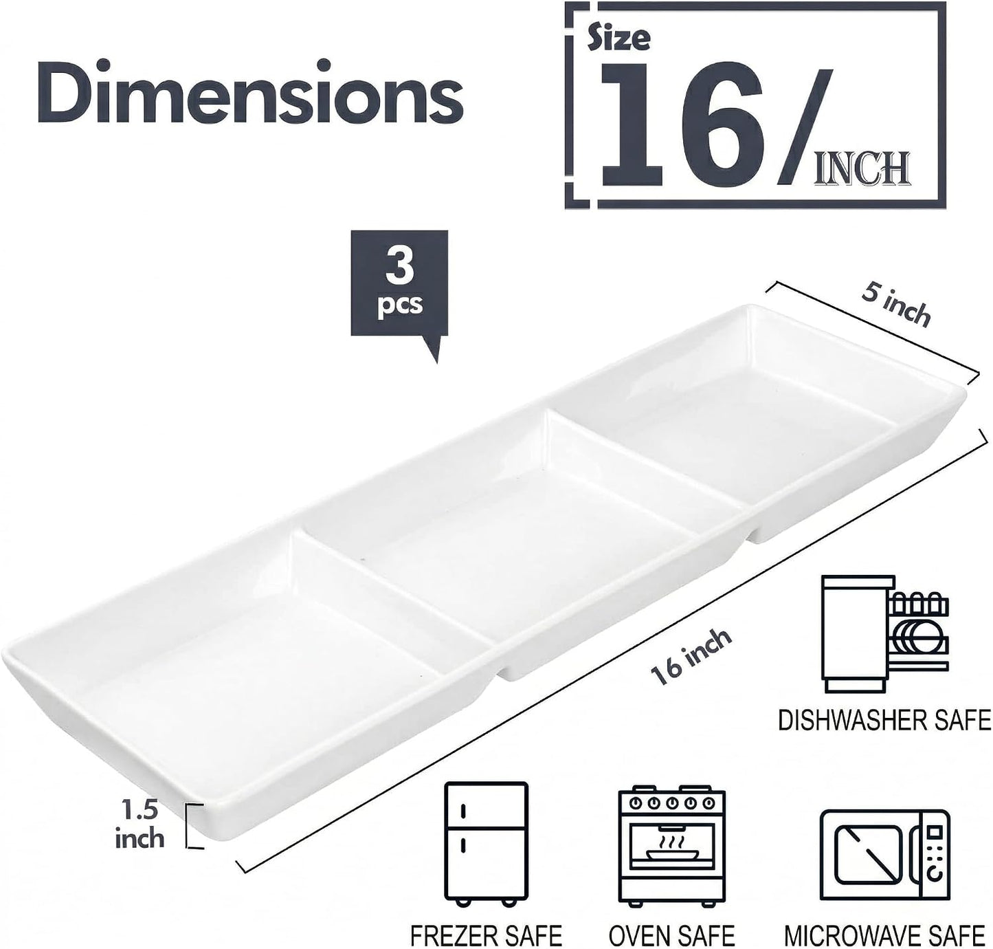 DELLING 16x5 Inch Ceramic 3-Section Serving Tray Set of 3, Stackable Divided Serving Platter - White Porcelain Appetizer Tray for Snack Food Dessert, Dishwasher Safe