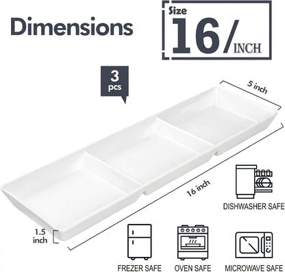 DELLING 16x5 Inch Ceramic 3-Section Serving Tray Set of 3, Stackable Divided Serving Platter - White Porcelain Appetizer Tray for Snack Food Dessert, Dishwasher Safe