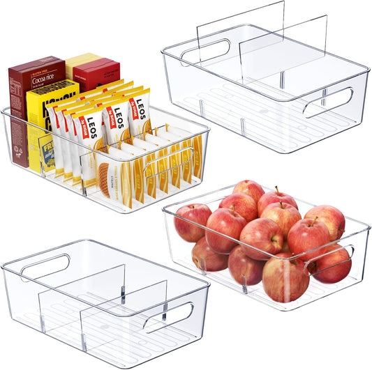 Mpotmiy 6 Pack Pantry Organizers and Storage,Clear Plastic Containers with 2 Dividers for Kitchen,Fridge Organization and Storage,Acrylic Bins for Pounches,Spice Packet,Snack organzier