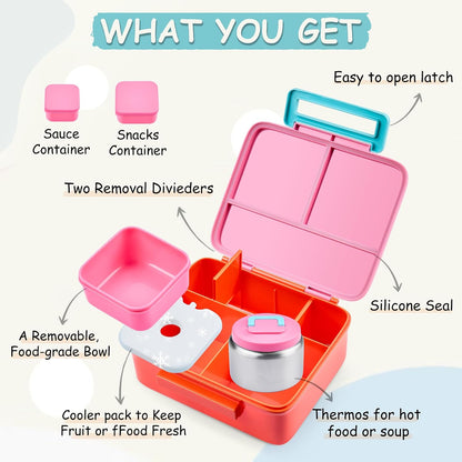 Bento Lunch Box for Kids with 8oz Soup Thermo Leak-Proof Lunch Food Containers with Snack Sauce Container for Kid Girls Boys to School (Pink Mermaid)