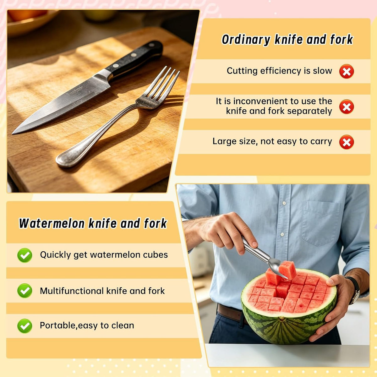 Watermelon Cutter Fork Slicer 2-in-1 Stainless Steel Fruit Cutter 2 Pack