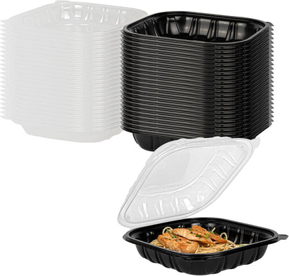 Thermo Tek 40 Ounce Clamshell Containers, 50 Disposable Take Out Boxes - 3 Compartments, Ventilated Lids, Black Plastic Meal Prep Containers, Microwavable, For Pasta Or Salads - Restaurantware