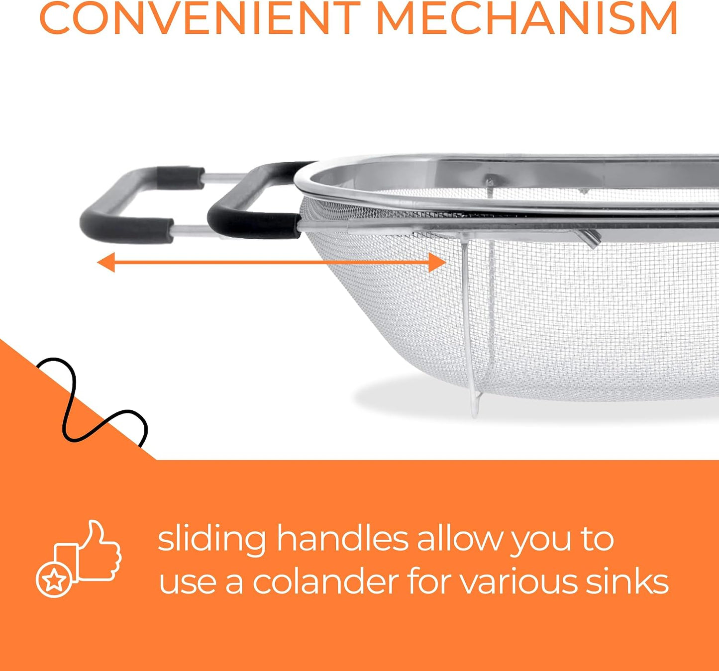 Expandable Strainer Over The Sink Colander - Premium 6 Quart Oval Fine Mesh Stainless Steel Colander Over the Sink with Rubber Grip Handles - Large Sink Strainer Basket for Kitchen Sink