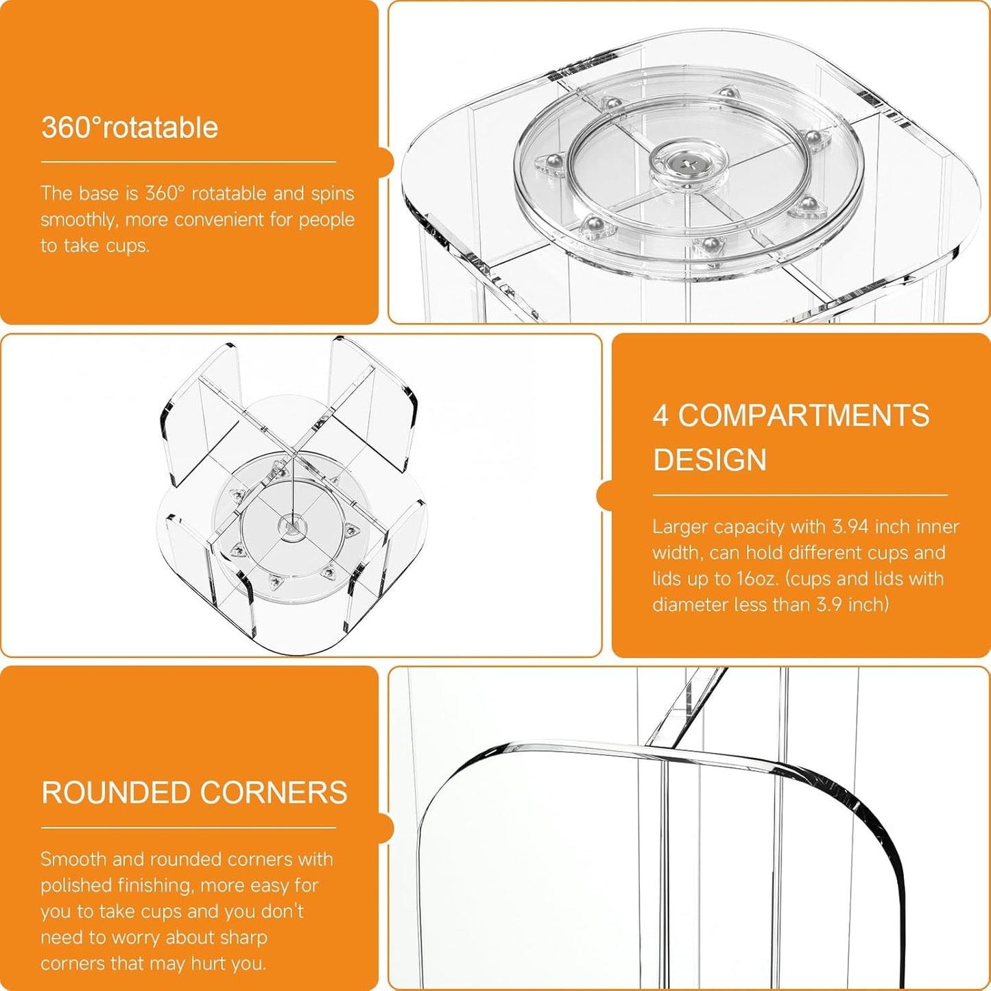 Beego Rotatable 4-Compartment Acrylic Cup Dispenser - Coffee Station Cup and Lid Carousel Countertop Plastic Cup Holder for Restaurant Breakroom Coffee Bar