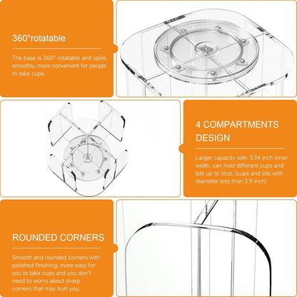 Beego Rotatable 4-Compartment Acrylic Cup Dispenser - Coffee Station Cup and Lid Carousel Countertop Plastic Cup Holder for Restaurant Breakroom Coffee Bar