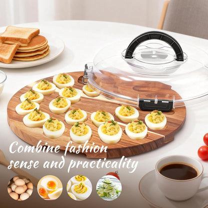 Deviled Egg Container with Lid, 2026 Upgraded Wooden Deviled Egg Platter Carrier Holder Trays with 24 Slots for Party and Home Kitchen Countertop Clear Lid Dishwasher Safe