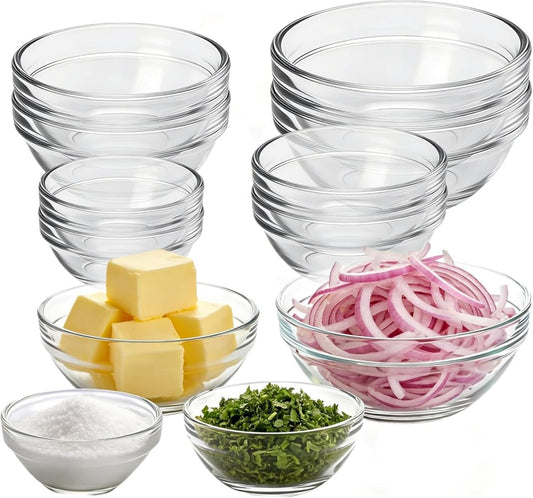 stablerice 16Pcs Glass Prep Bowls Set, 4 Sizes Stackable Small Glass Ingredient Bowls for Prep Toppings, Salt, Spices, Dipping, Baking & Chopped Ingredients, 1.5, 2.5, 3.5 & 8.5 oz Glass Sauce Bowls