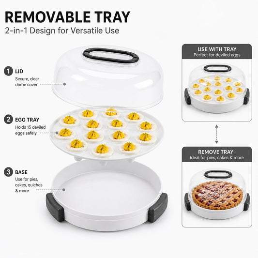 JOEY'Z 2-In-1 Deviled Egg Carrier With Lid & Handle, Pie Carrier With Removable Deviled Egg Tray, Holds 15 Eggs, & Fits Pies 10in x 4.5in, Great for Easter & Holiday Gifts - BPA Free