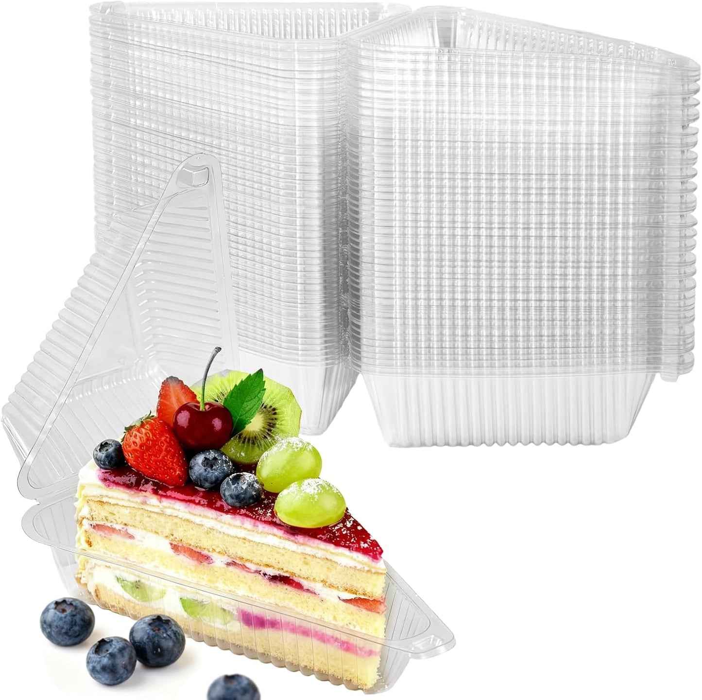 YOIYINI 100Pcs Cake Slice Containers,Pie Slice Containers for 6”-8” Diameter Cake or Pie Slices,Individual Cheesecake Containers,Plastic Boxes for Take Out Packaging, Bakery and Cafe Cake Carriers