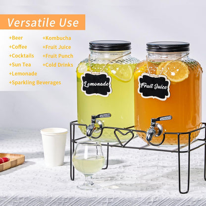 1 Gallon Glass Drink Dispensers for Parties, Beverage Dispenser with Stand and Fruit Infuser, Glass Lemonade Dispenser with Stainless Steel Spigot for Kombucha, Sun Tea, Juices, BBQ, Weddings