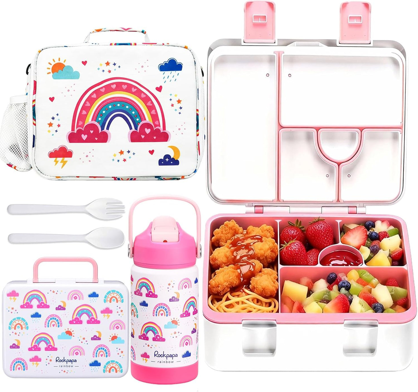 rockpapa Kids Lunch Box Set with 14oz Insulated Water Bottle & Lunch Bag, Leakproof 5.5 Cups Bento Box for School & Children, BPA-Free, Microwave Safe for Boys Girls (Grey Constr Turcks)
