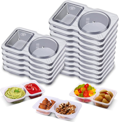 Qewro 15 Sets Snack Containers, Reusable Double Compartment Condiment With Lids 2 Portion Snack Containers Sauces Dip, Disposable Box to Grab and Go with Prep For Adults, On The Go For Kids