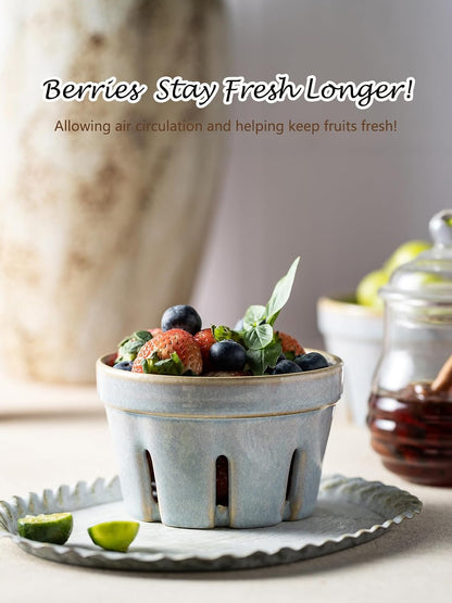Gomakren Berry Bowls with Holes Ceramic, Berry Washing Bowl Basket Set of 2, 5.8 Inch Round Fruit Bowl Storage Containers, Strawberry Baskets, Farmhouse Kitchen Decor, Yellow + Brown