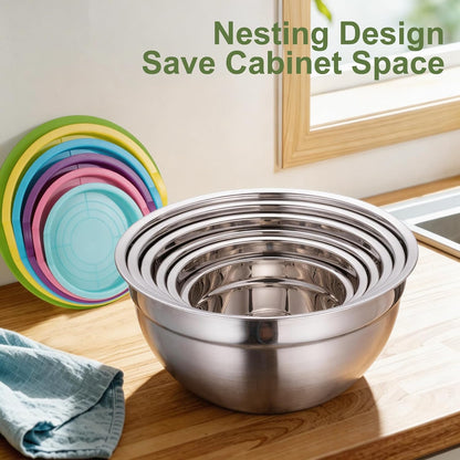 Stainless Steel Mixing Bowls with Lids Set, 6 Nesting Kitchen Bowls 0.7-4 QT, Metal Mixing Bowls with 3 Grater Attachments, Dishwasher Safe for Prep, Mixing, Serving & Storage