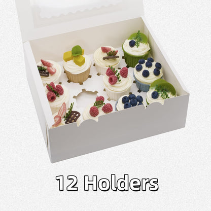 4 Pack Cupcake Boxes, Hold 12 Count Cupcake Containers with Window, High Grade Cupcake Holder, Easy Transport and Presentation, for Birthday Holiday Party, Desserts and More (White - 4 Pack)