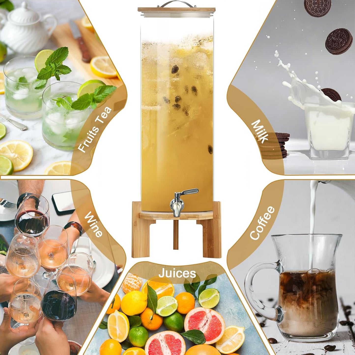 Glass Beverage Dispenser with Stand, 1.5 Gallons Glass Drink Dispenser-Beverage Dispenser with Wood Stand, Stainless Steel Spigot for Parties,Bars,Restaurants