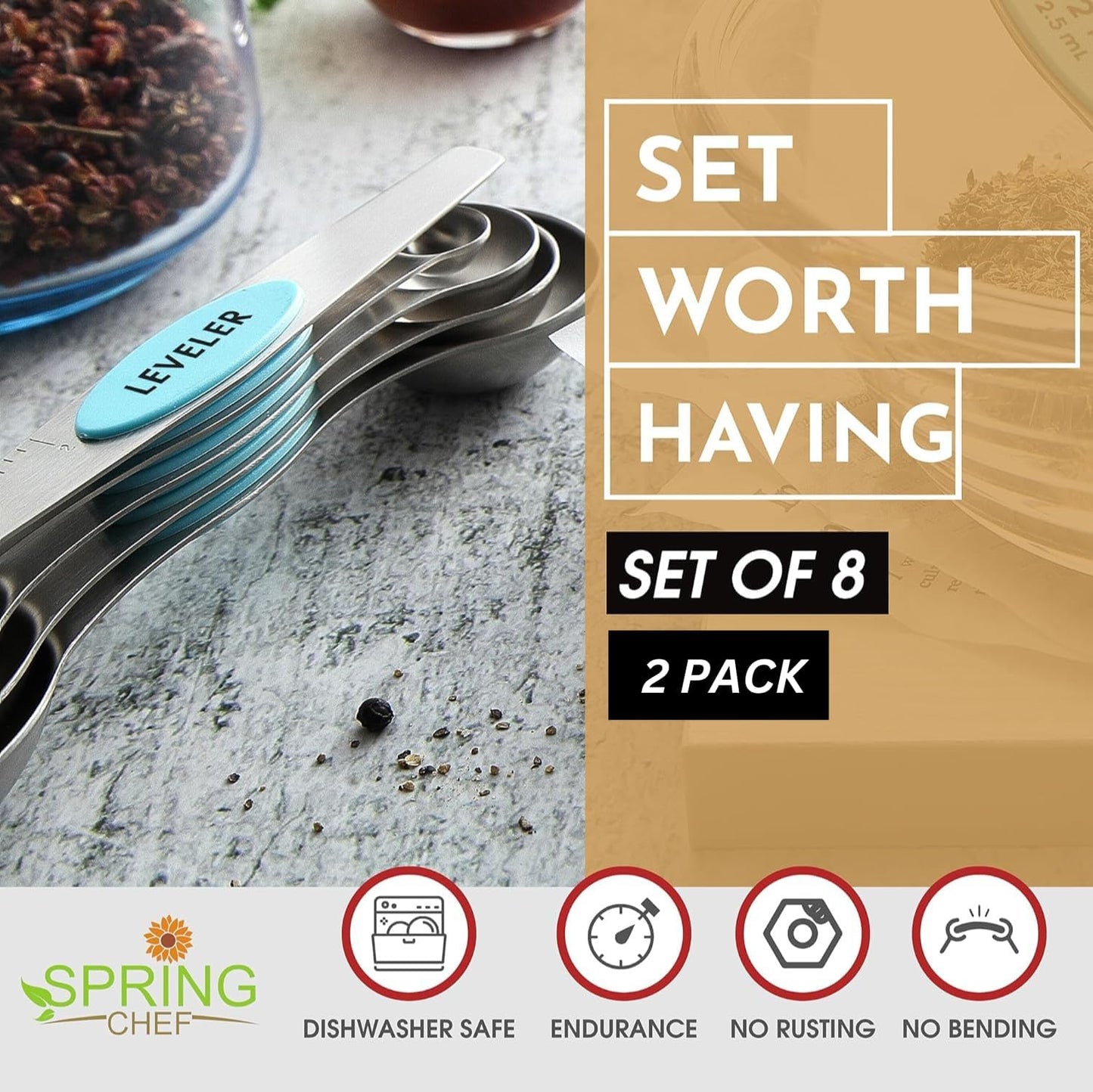 Spring Chef Stainless Steel Magnetic Measuring Spoons Set with Strong N45 Magnets, Heavy Duty Metal Kitchen Gadgets for Baking & Cooking, Fits in Most Kitchen Spice Jars, Set of 8 with Leveler, Black