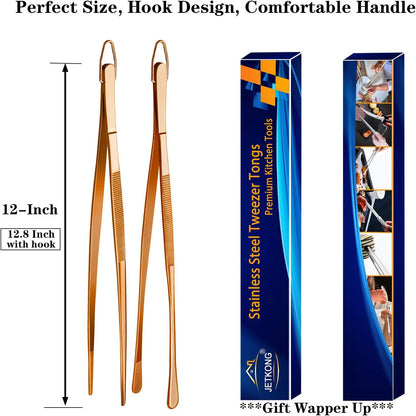 JETKONG 2 Pcs 12-Inch Kitchen Tweezers Fine Tweezer Tongs, Extra-Long Stainless Steel Cooking Tweezers (Silver)