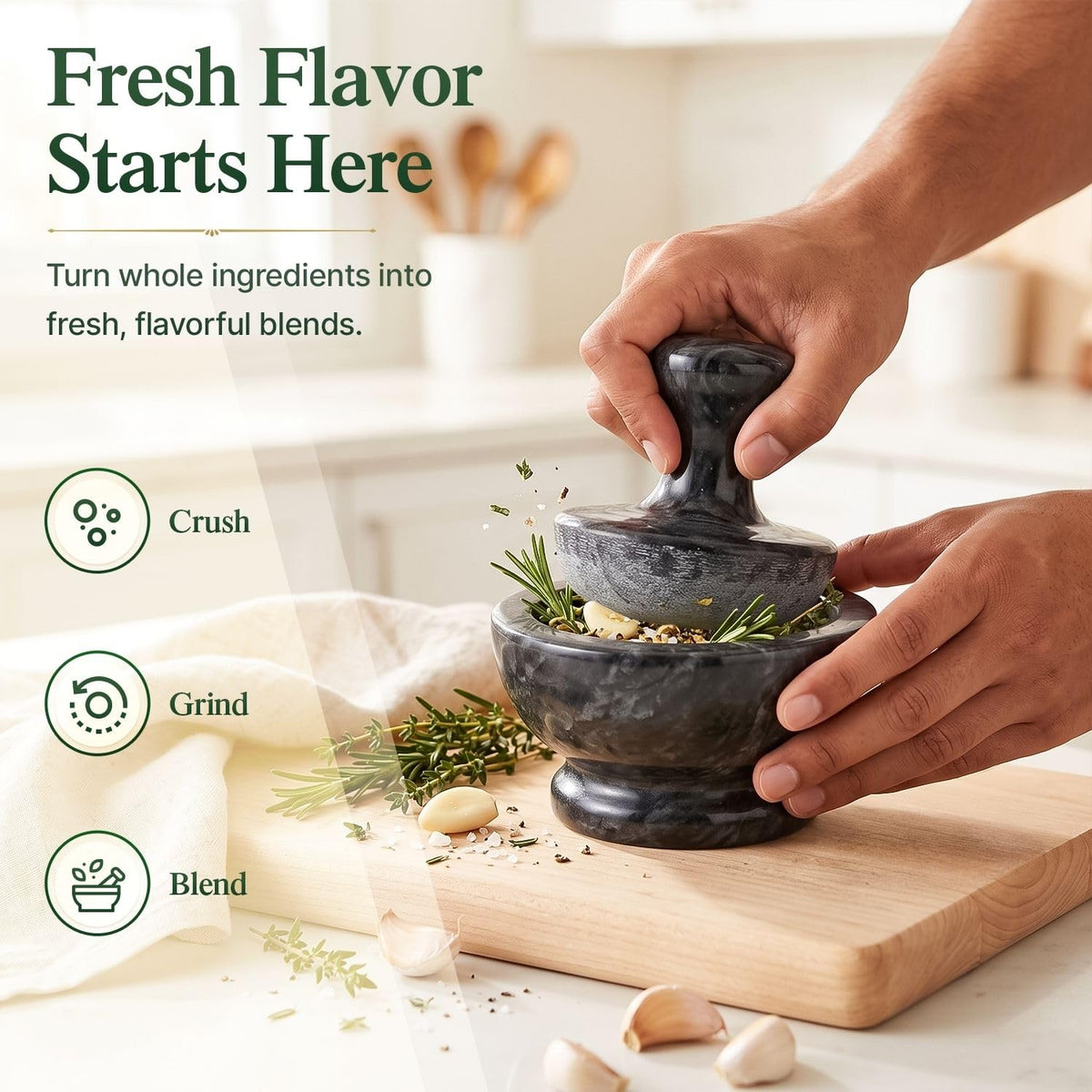 Flexzion Small Marble Mortar and Pestle Set, 4-Inch 1/2-Cup Bowl, White