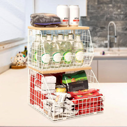 Mefirt Fruit Basket, 2-Tier Fruit Bowl for Kitchen Counter, Stackable Wall Mounted Fruit Storage, Snack Organizer, Potato and Onion Storage Basket, Hanging Pantry Storage with Wood Lid, 2 Set, White