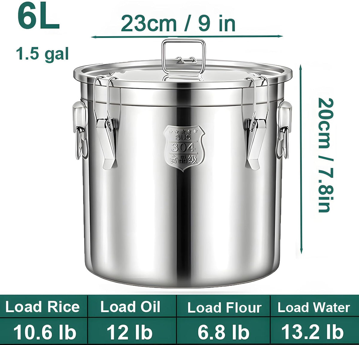 3.2Gal 304 Stainless Steel Kitchen Airtight Canister, 405oz Flour Container with Lid and Locking Clamp,10-21Lbs Metal Bucket Food Storage Container for Rice Flour Grain Coffee Bean(12L)