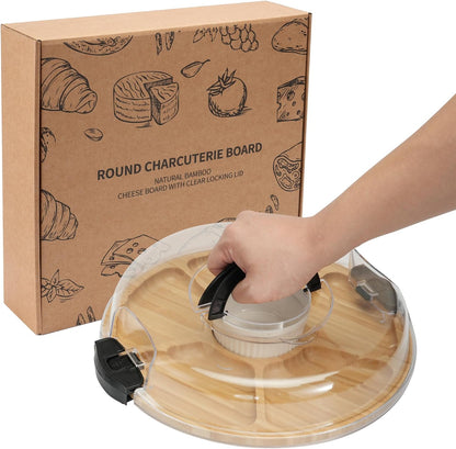 WILLKOMMEN Charcuterie Board with Lid- 5 Compartment Round Serving Tray with Handle & Locking Lid, Portable Bamboo Serving Platter, Serving Dishes for Party Picnic Cheese Snack
