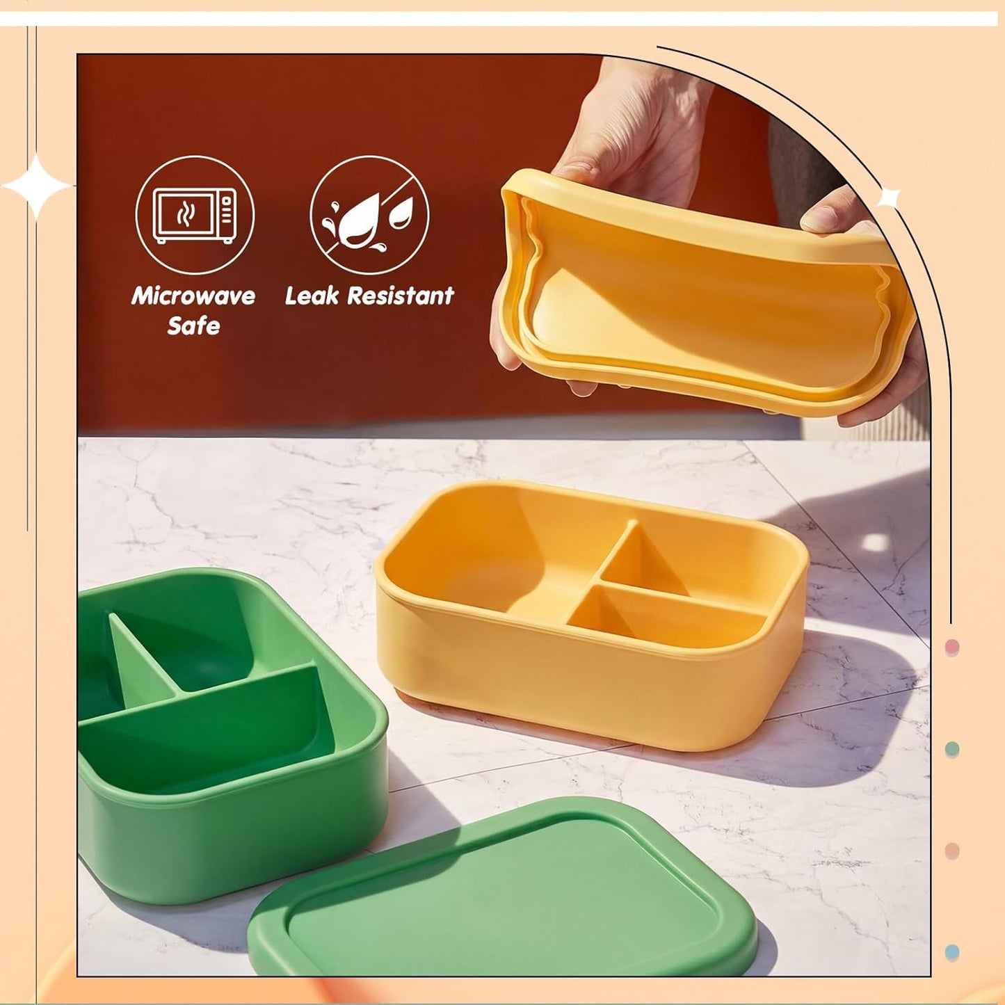 Layhit 4 Pcs Silicone Bento Box for Adults, 27 oz Bento Lunch Container Reusable 3 Compartment Lunchable Food Container for Women Men, Leak Proof Microwave Dishwasher Freezer Safe (Cool Colors)