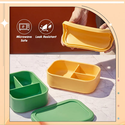 Layhit 4 Pcs Silicone Bento Box for Adults, 27 oz Bento Lunch Container Reusable 3 Compartment Lunchable Food Container for Women Men, Leak Proof Microwave Dishwasher Freezer Safe (Cool Colors)