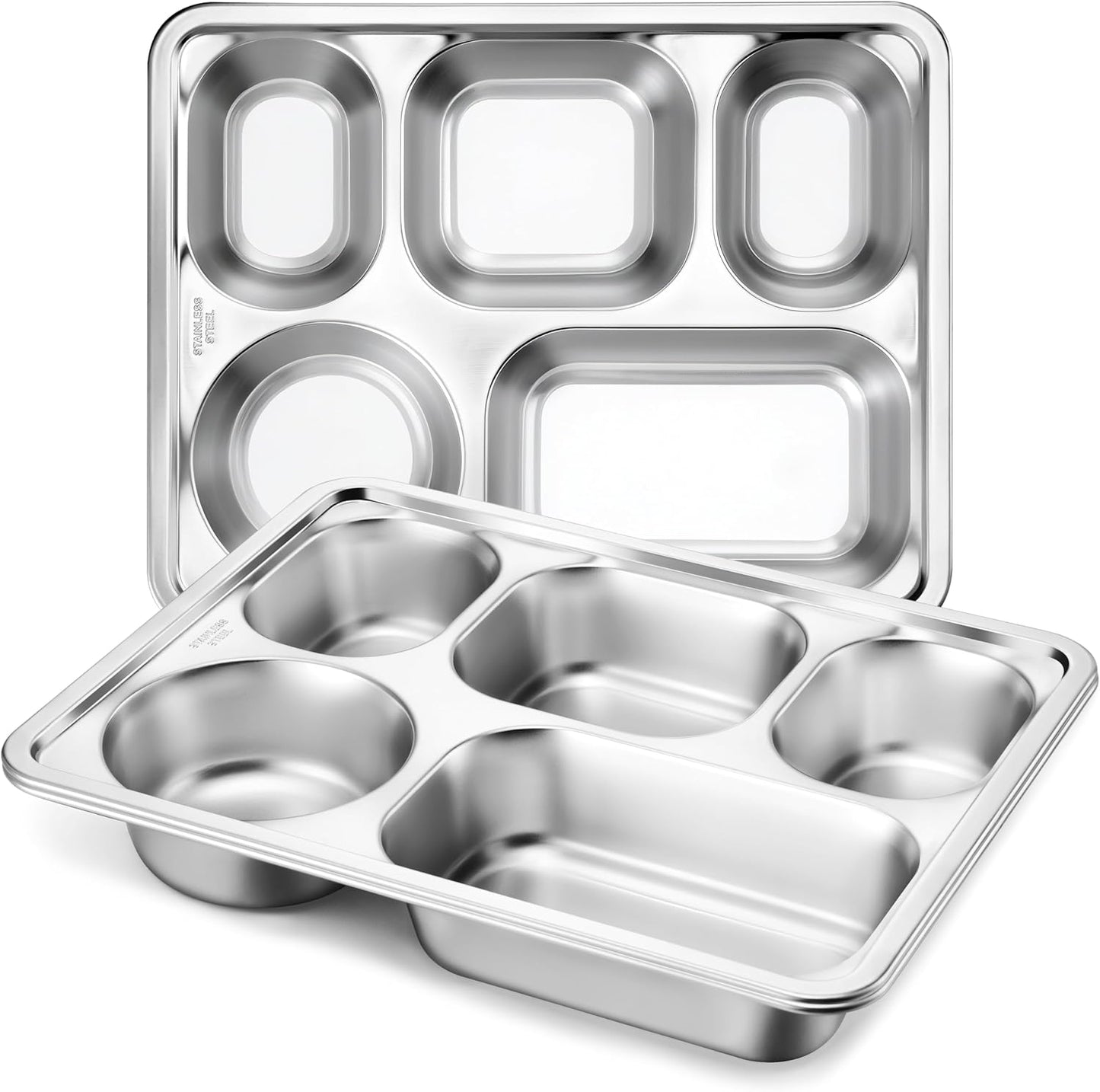 HaWare Toddler Stainless Steel Divided Plates Tray with 5-Compartment, Kids Adults Control Dinner Plates for Lunch Camping Dinner, Stackable Reusable Serving Platter, 2-Pack