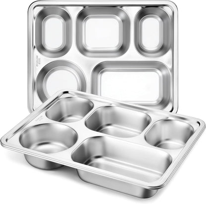 HaWare Toddler Stainless Steel Divided Plates Tray with 5-Compartment, Kids Adults Control Dinner Plates for Lunch Camping Dinner, Stackable Reusable Serving Platter, 2-Pack