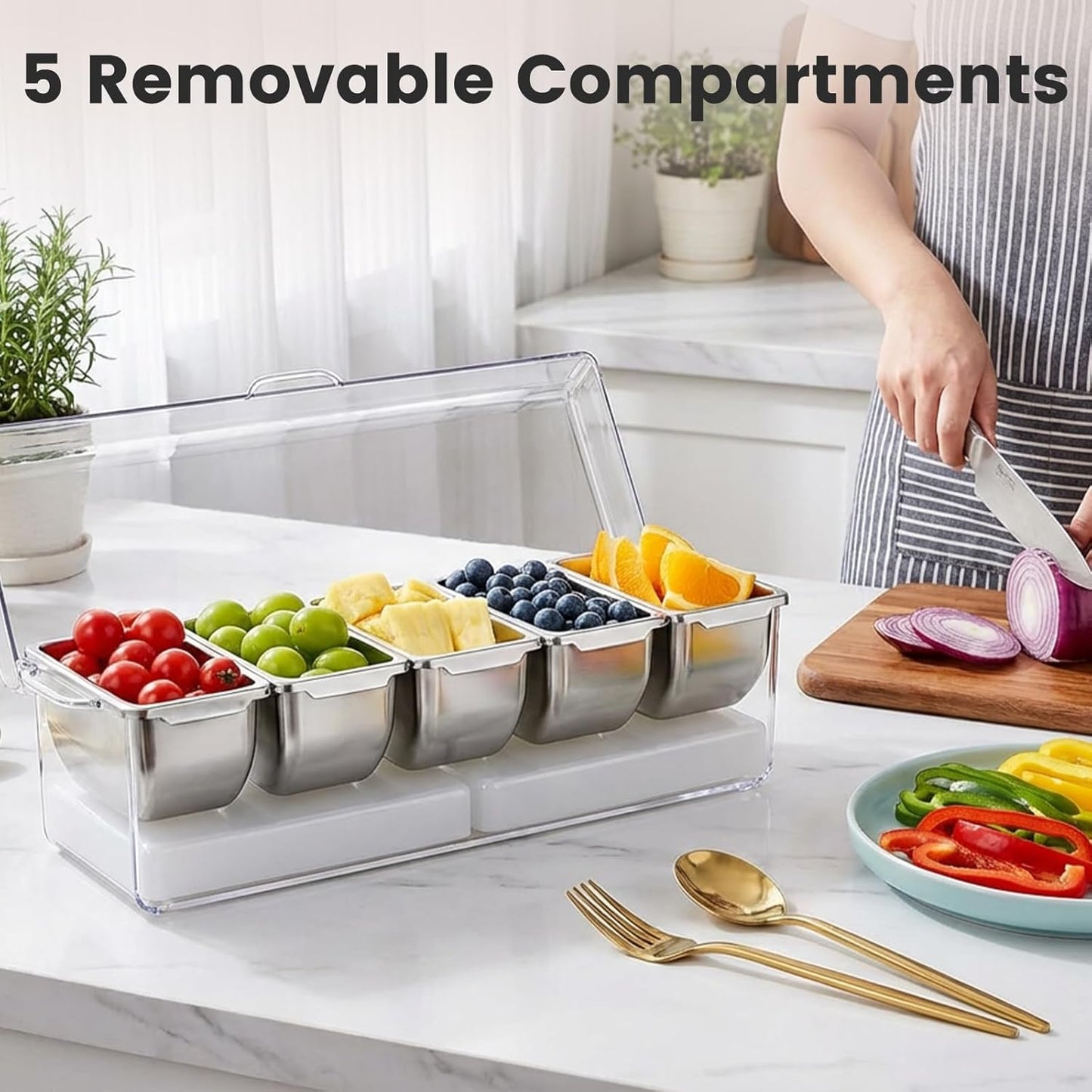 Chilled Condiment Caddy with 5 Stainless Steel Compartments – Condiment Containers with Lids, Serving Tray for Party, Bar, Salad, Taco & Fruit Garnish, Includes 2 Ice Packs, 5 Forks and 2 Tongs