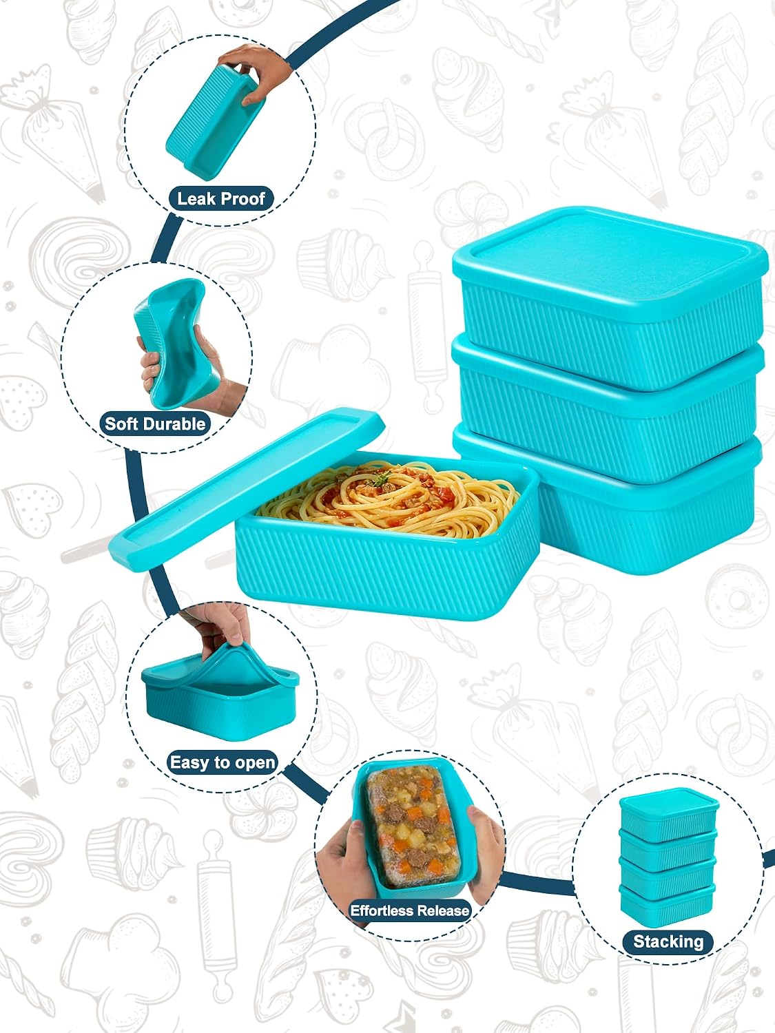 4 PCS 3.5 Cup Silicone Freezer Trays with Lid, Durable Silicone Soup Freezer Molds for Meal Prep and Food Storage, Reusable Freezer Containers for Soups Sauces Stews Curries (Lake Blue)