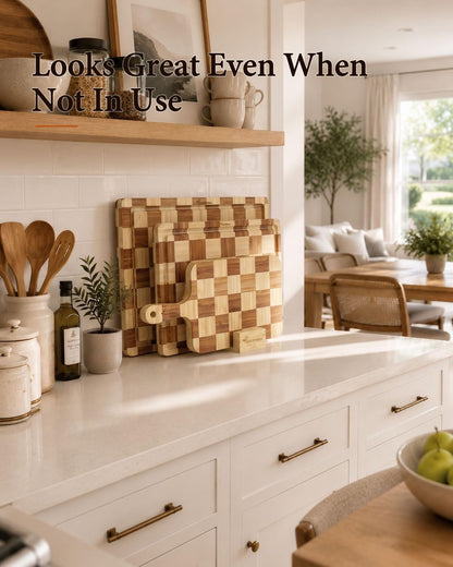 Cutting Board,Heavy Duty Cutting Board Set of 3 with Stand,End Grain Butcher Block Cutting Boards for Kitchen with Juice Grooves and Handles for Meat, Cheese, Charcuterie and Serving
