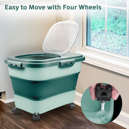 Komzon Rice Storage Containers, Collapsible 20 to 30Lbs Food Storage Bin Dispenser with Rolling Wheel and Clear Airtight Lid, BPA Free Flour, Sugar, Cereal and Dog Cat Pet food Containers