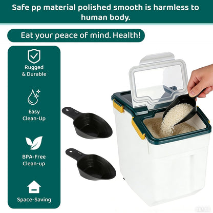 Rice Storage Container 25 lbs, Grey, 2 Pack | Airtight, with Wheels, Locking Lid, Measuring Cup Included, for Flour Sugar Grain Cereal