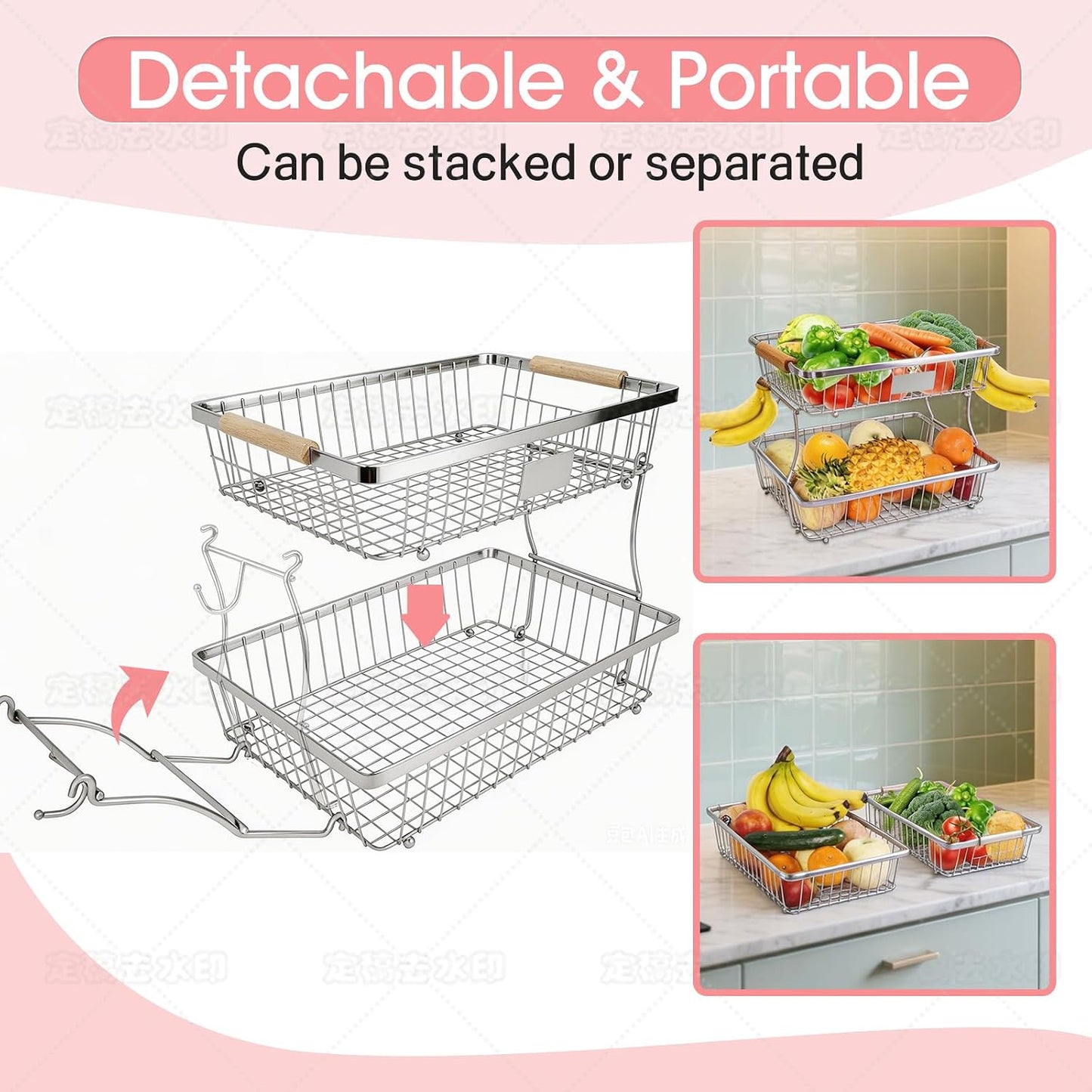 Fruit Basket Bowl 2 Tier Detachable with 2 Banana Hangers, Fruit Stand Holder for Kitchen Countertop, Metal Wire Vegetable Storage Organizer, for Bread Snack Veggies Produce, Black